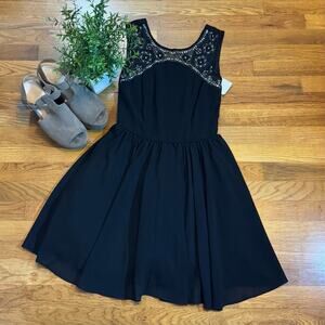 Way In Juniors 3 Black Beaded Backless Fit and Flare Sleeveless Party Dress Prom